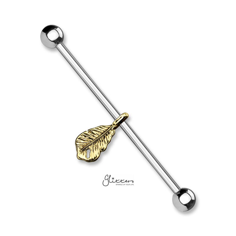 Feather Dangle Industrial Barbell - Gold-Body Piercing Jewellery, Industrial Barbell-IB0034-G_800-Glitters