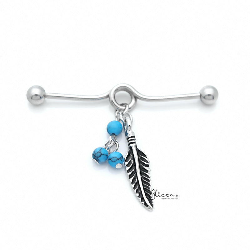 Turquoise Beads and Tribal Feather Dangle Industrial Barbell-Body Piercing Jewellery, Industrial Barbell-IB0035-1_800-Glitters