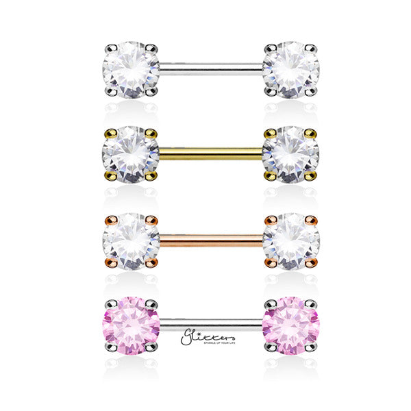 Double C.Z Front Facing Round Prong Set Nipple Bars-Body Piercing Jewellery, Cubic Zirconia, Nipple Barbell-NB0012-ALL_600-Glitters