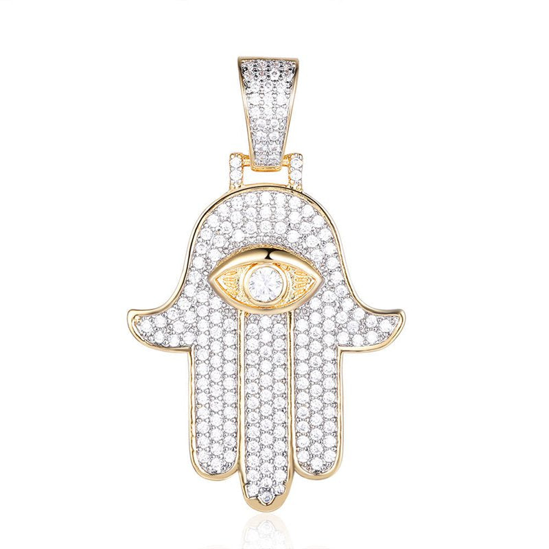 Hamsa Hand Pendant - Gold-Hip Hop, Hip Hop Pendant, Iced Out, Jewellery, Men's Necklace, Necklaces, Pendants, Women's Jewellery, Women's Necklace-NK1046-G-800-Glitters