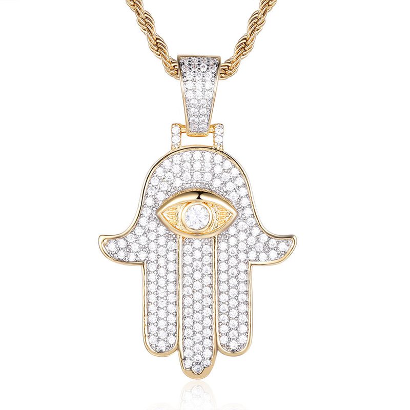Hamsa Hand Pendant - Gold-Hip Hop, Hip Hop Pendant, Iced Out, Jewellery, Men's Necklace, Necklaces, Pendants, Women's Jewellery, Women's Necklace-NK1046-G1-800-Glitters
