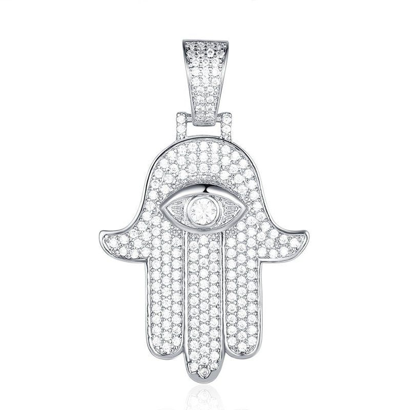 Hamsa Hand Pendant - Silver-Hip Hop, Hip Hop Pendant, Iced Out, Jewellery, Men's Necklace, Necklaces, Pendants, Women's Jewellery, Women's Necklace-NK1046-S-800-Glitters