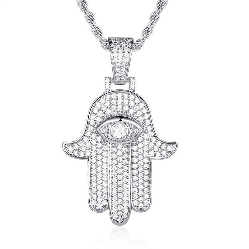 Hamsa Hand Pendant - Silver-Hip Hop, Hip Hop Pendant, Iced Out, Jewellery, Men's Necklace, Necklaces, Pendants, Women's Jewellery, Women's Necklace-NK1046-S1-800-Glitters