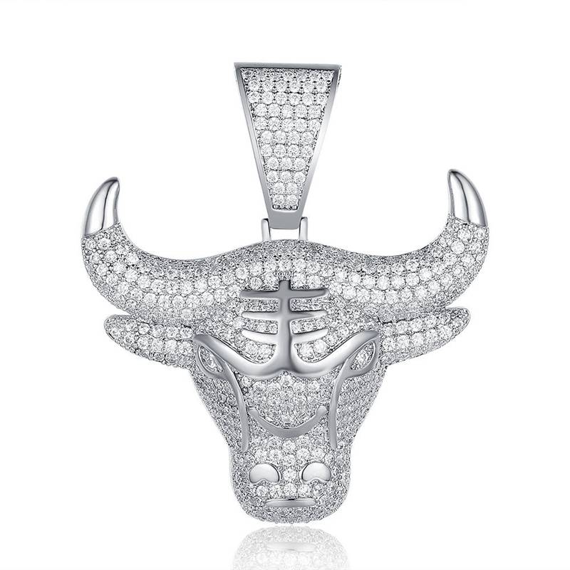 Bull Head Pendant - Silver-Hip Hop, Hip Hop Pendant, Iced Out, Men's Necklace, Necklaces, Pendants-NK1050-S-800-Glitters