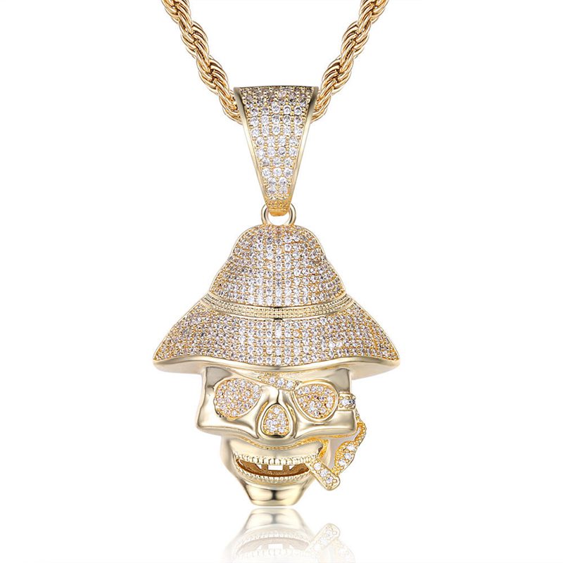 Iced Out Skull Pendant - Gold-Hip Hop, Hip Hop Pendant, Iced Out, Men's Necklace, Necklaces, Pendants-NK1052-G1-800-Glitters