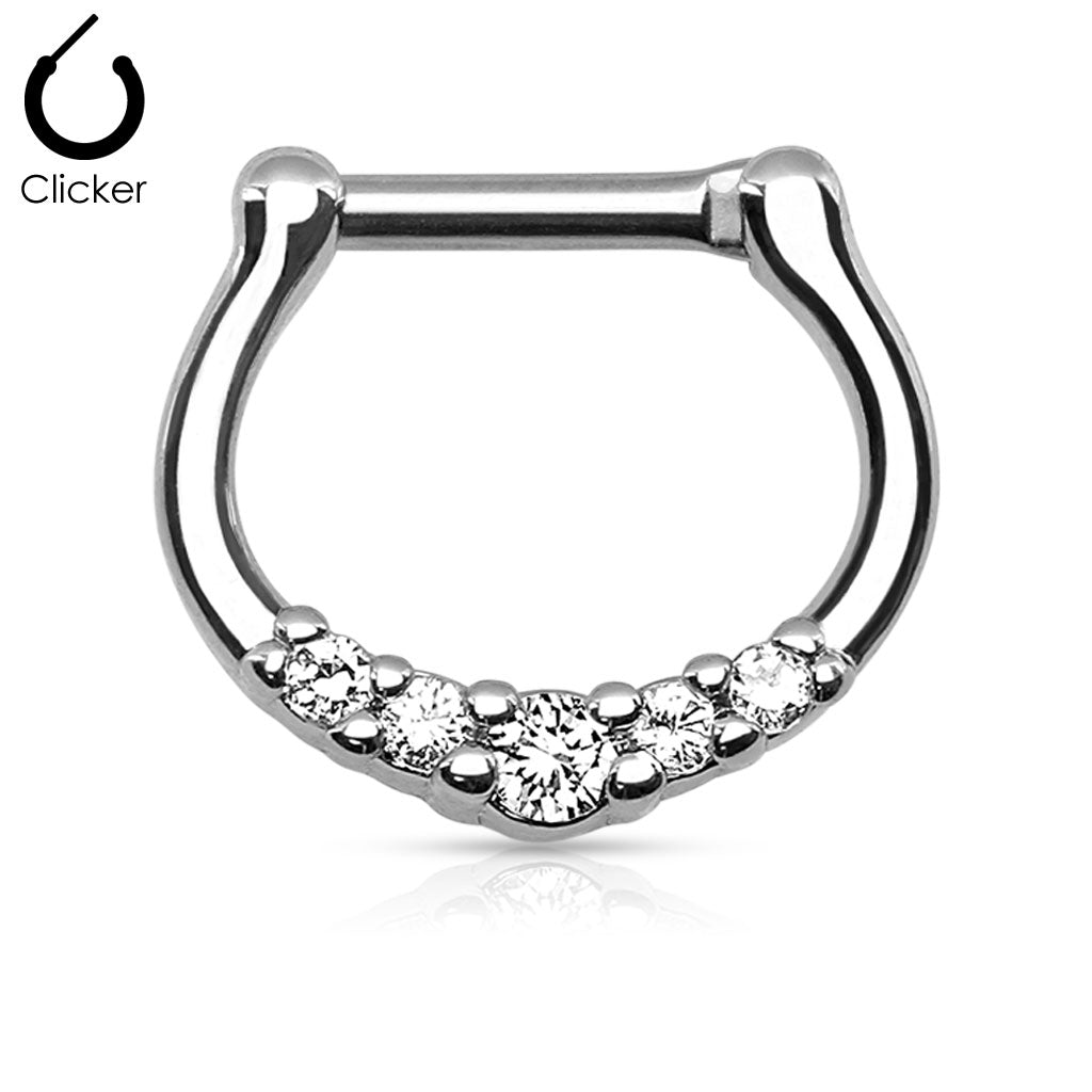 316L Surgical Steel with 5 Clear C.Z Septum Clicker Ring-Body Piercing Jewellery, Cubic Zirconia, Nose, Septum Ring-NS0031-C-Glitters