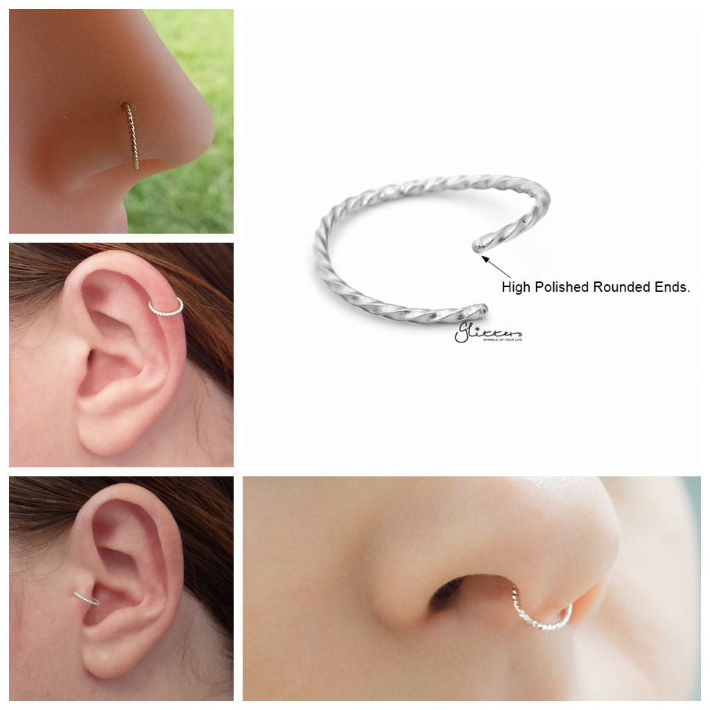 20GA Twisted Surgical Steel Rounded Ends Bendable Nose Rings - Silver-Body Piercing Jewellery, Nose Piercing Jewellery, Nose Ring, Nose Studs, Septum Ring, Tragus-NS0076-S-open-1-Glitters