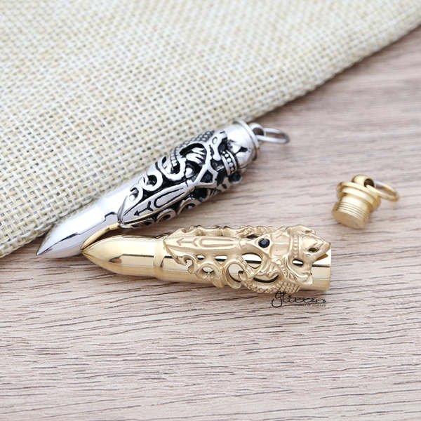 Stainless Steel Openable Bullet Pendant with Two Dragons and Sword-Cubic Zirconia, Jewellery, Men's Jewellery, Men's Necklace, Necklaces, Pendants, Stainless Steel, Stainless Steel Pendant-SP0275-02-Glitters