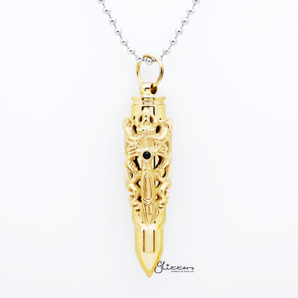 Stainless Steel Openable Bullet Pendant with Two Dragons and Sword-Cubic Zirconia, Jewellery, Men's Jewellery, Men's Necklace, Necklaces, Pendants, Stainless Steel, Stainless Steel Pendant-SP0275-G-Glitters
