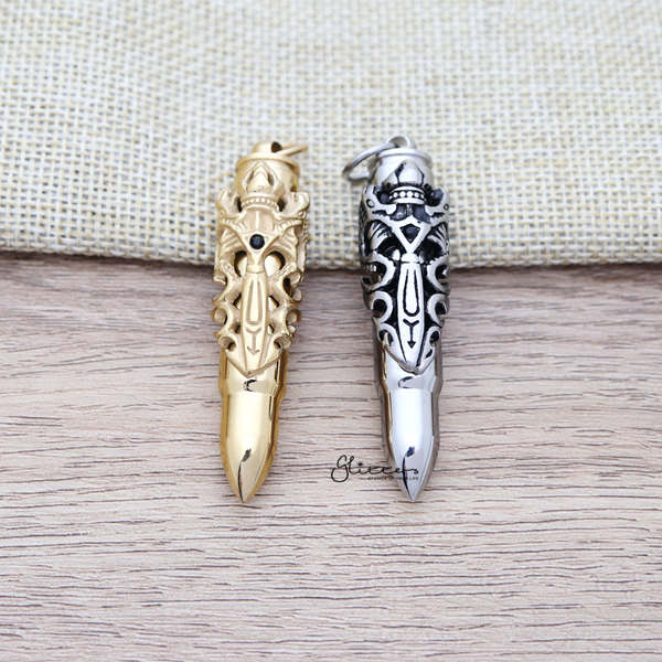 Stainless Steel Openable Bullet Pendant with Two Dragons and Sword-Cubic Zirconia, Jewellery, Men's Jewellery, Men's Necklace, Necklaces, Pendants, Stainless Steel, Stainless Steel Pendant-SP0275-Glitters