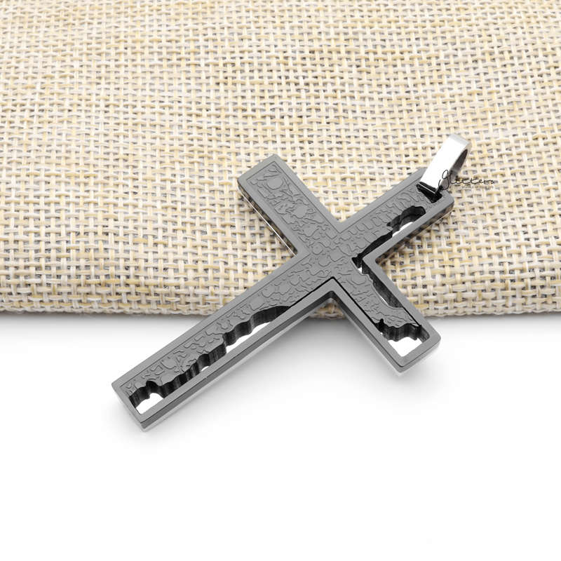 Double Layer Cross Pendant with Pattern - Black-Jewellery, Men's Jewellery, Men's Necklace, Necklaces, Pendants, Stainless Steel, Stainless Steel Pendant-SP0303-K2_800-Glitters