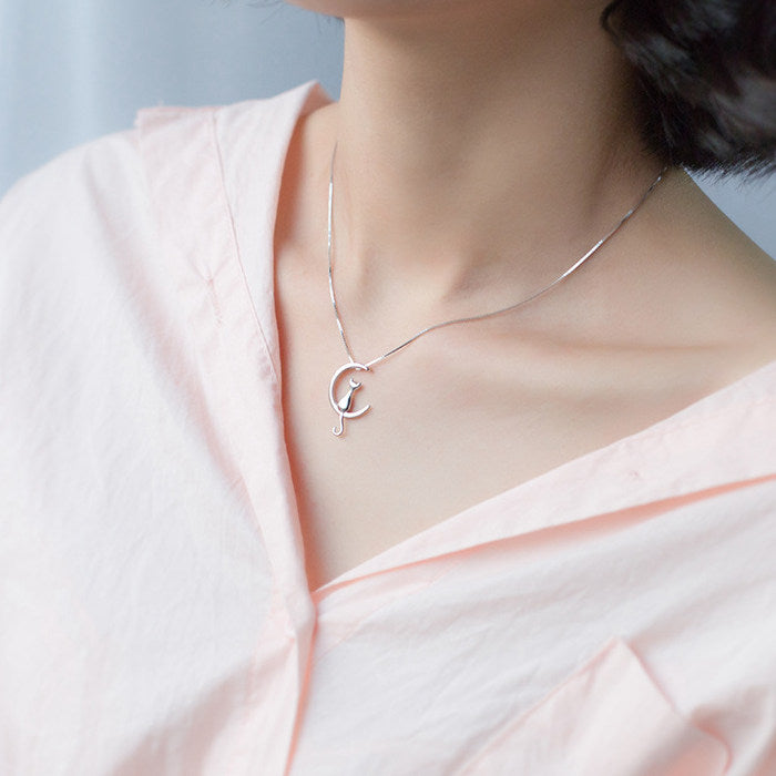 925 Sterling Silver Cat on the Moon Pendant Necklace-Jewellery, Necklaces, Sterling Silver Necklaces, Women's Jewellery, Women's Necklace-SS0040-M-Glitters