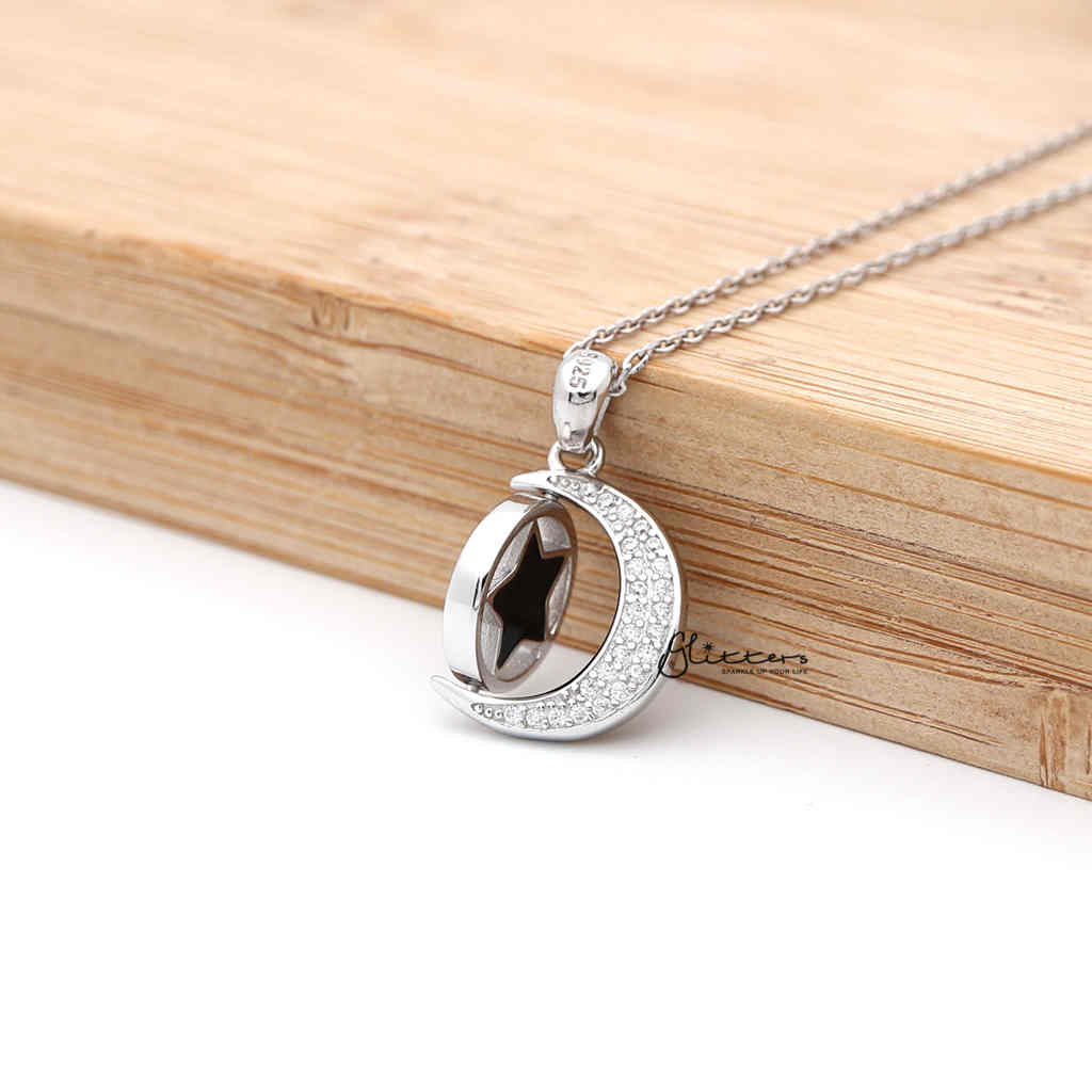 Sterling Silver CZ Paved Moon with Rotatable Double Sides Star in the Middle Women's Necklace-Cubic Zirconia, Jewellery, Necklaces, Sterling Silver Necklaces, Women's Jewellery, Women's Necklace-SSP0128_1000-03-Glitters