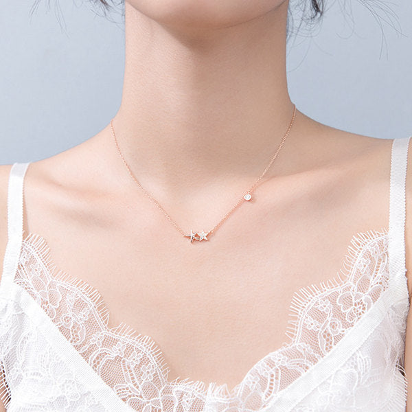 925 Sterling Silver C.Z Double Stars Necklace with 43cm Chain-Cubic Zirconia, Jewellery, Necklaces, Sterling Silver Necklaces, Women's Jewellery, Women's Necklace-SSP0161-mrg-Glitters