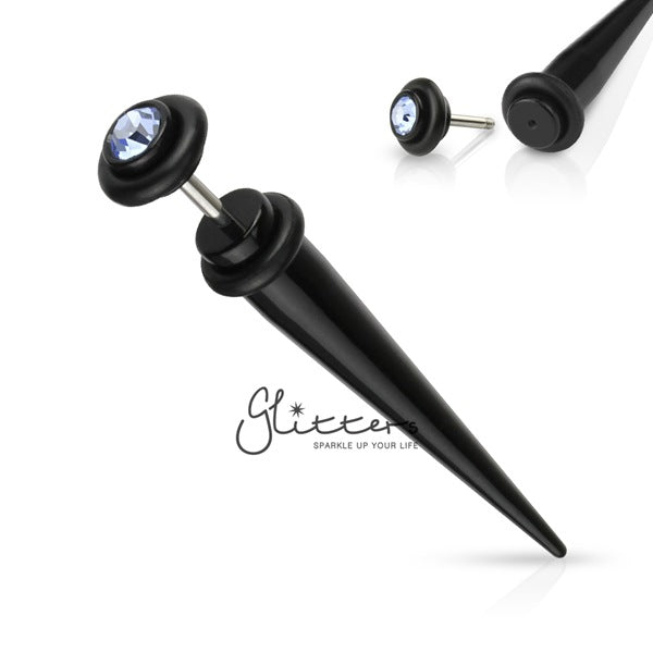 Black Acrylic Fake Taper with Blue Gem on The Top-Body Piercing Jewellery, earrings, Fake Plug-TAFX03-KLB-04-Glitters