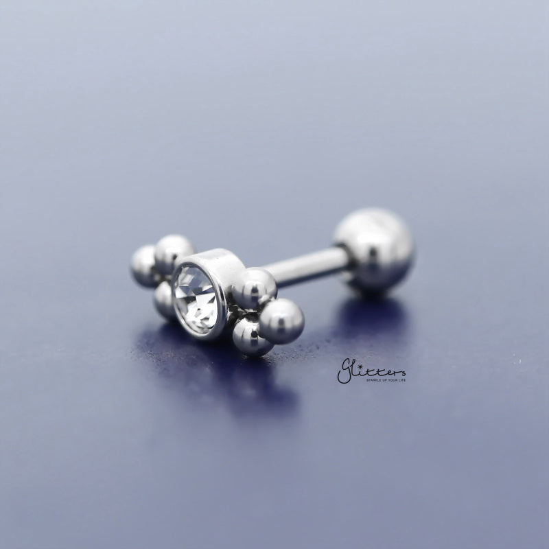 Clear Crystal with Balls Triangle Sides Tragus Cartilage Barbell Stud - Silver-Body Piercing Jewellery, Cartilage, Crystal, Jewellery, Tragus, Women's Earrings, Women's Jewellery-TG0127-S-2_800-Glitters