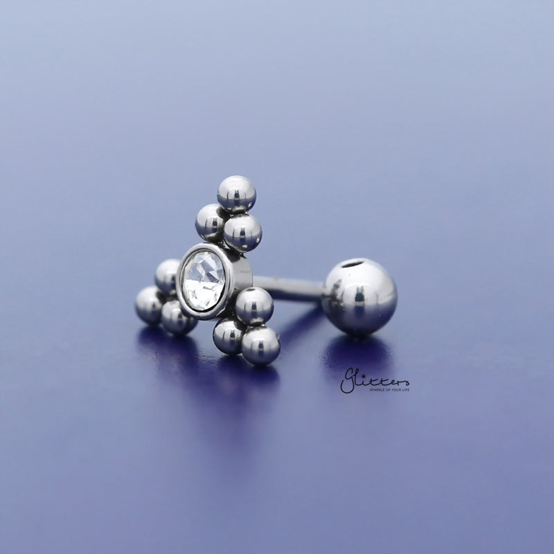 Clear Crystal Centre Ball Cluster Triangle Tragus Cartilage Barbell Stud - Silver-Body Piercing Jewellery, Cartilage, Crystal, Jewellery, Tragus, Women's Earrings, Women's Jewellery-TG0128-S-4_800-Glitters