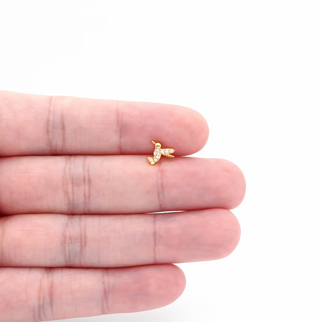 Hummingbird Top Internally Threaded Flat Back Stud-Body Piercing Jewellery, Cartilage, Cubic Zirconia, Labret, Monroe, Tragus-TG0142-G2_1-Glitters