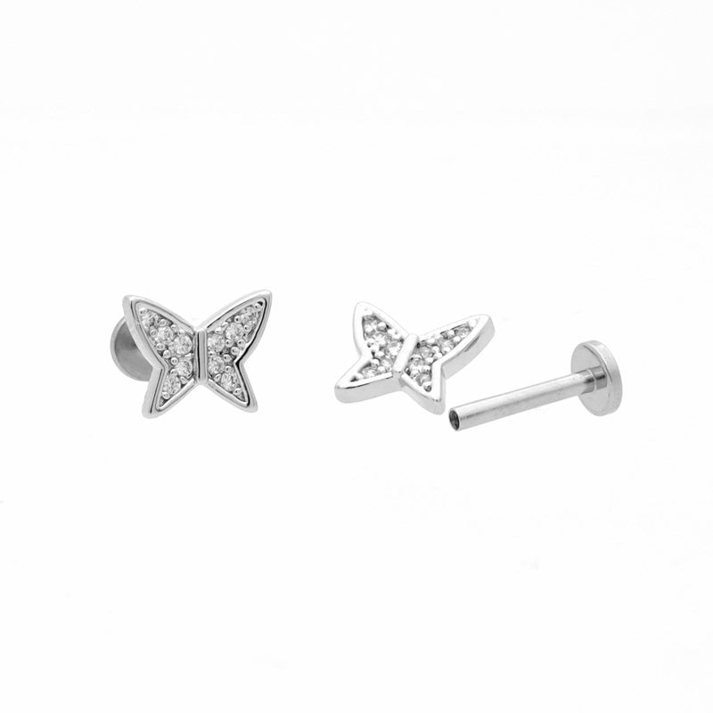 Butterfly Top Internally Threaded Flat Back Stud-Body Piercing Jewellery, Cartilage, Cubic Zirconia, Labret, Monroe, Tragus-TG0145-2-Glitters