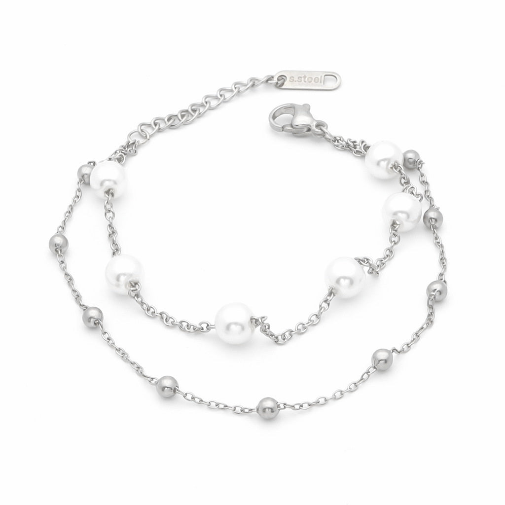 Double Layered Women's Bracelet with Pearl Charms - Silver-Bracelets, Jewellery, New, Stainless Steel, Stainless Steel Bracelet, Women's Bracelet, Women's Jewellery-WB0001-S1_1-Glitters
