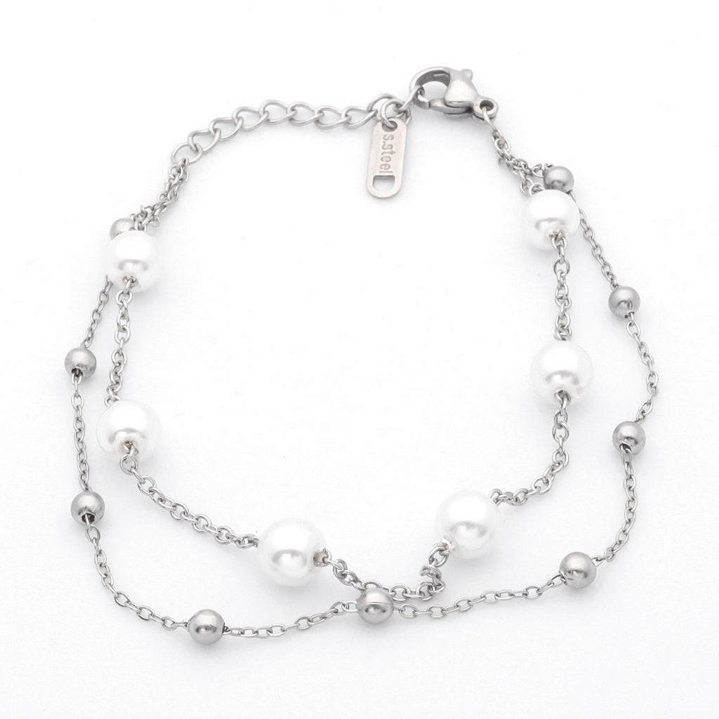 Double Layered Women's Bracelet with Pearl Charms - Silver-Bracelets, Jewellery, New, Stainless Steel, Stainless Steel Bracelet, Women's Bracelet, Women's Jewellery-WB0001-S2_1-Glitters