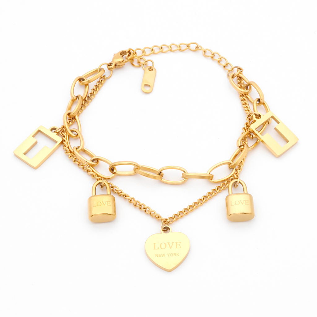 Stainless Steel Women's Bracelet with 5 Charms - Gold-Bracelets, Jewellery, New, Stainless Steel, Stainless Steel Bracelet, Women's Bracelet, Women's Jewellery-WB0011-G1_1-Glitters