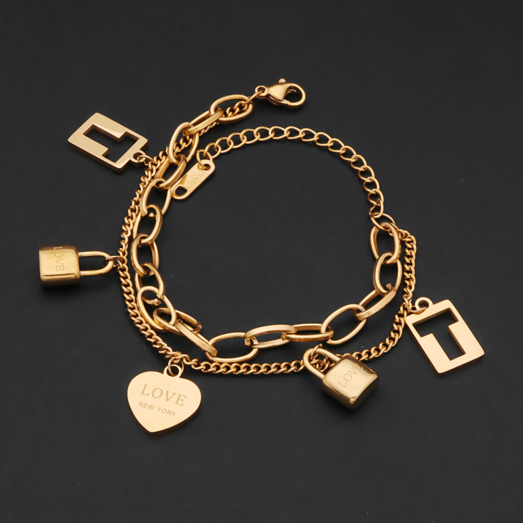 Stainless Steel Women's Bracelet with 5 Charms - Gold-Bracelets, Jewellery, New, Stainless Steel, Stainless Steel Bracelet, Women's Bracelet, Women's Jewellery-WB0011-G2_1-Glitters