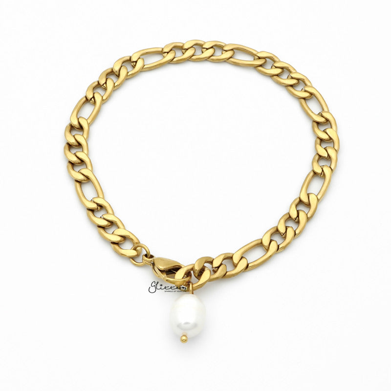 Freshwater Pearl with Gold I.P Stainless Steel Figaro Chain Bracelet-Bracelets, Freshwater Pearl, Jewellery, Stainless Steel, Stainless Steel Bracelet, Women's Bracelet, Women's Jewellery-bcl0199-1_1-Glitters