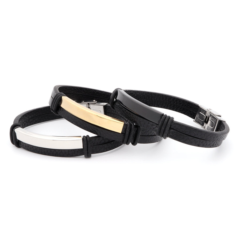 Double Layers Leather Bracelet with Stainless Steel ID Plate-Bracelets, ID Bracelet, Jewellery, leather bracelet, Men's Bracelet, Men's Jewellery, Stainless Steel, Women's Bracelet, Women's Jewellery-bcl0201_1-Glitters