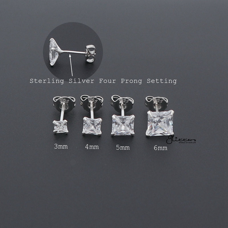 925 Sterling Silver Martini Stud Earring with Square Cubic Zirconia-3mm | 4mm | 5mm | 6mm-Cubic Zirconia, earrings, Jewellery, Men's Earrings, Men's Jewellery, Stud Earrings, Women's Earrings, Women's Jewellery-er0017-02_01-Glitters