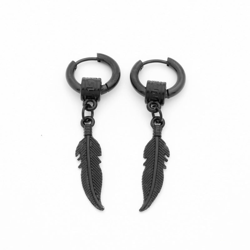 Stainless Steel Huggie Hoop Earrings with Drop Feather-earrings, Hoop Earrings, Huggie Earrings, Jewellery, Men's Earrings, Men's Jewellery, Stainless Steel, Women's Earrings-er1489-k-Glitters