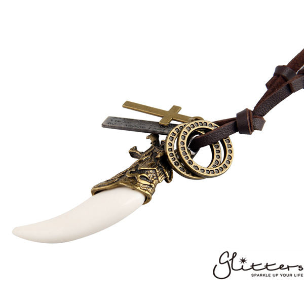 Antique Gold Wolf Teeth Pendant with Long Leather String Chain-Adjustable chain, Jewellery, Leather, Men's Jewellery, Men's Necklace, necklace, Necklaces-nk1016-2-Glitters