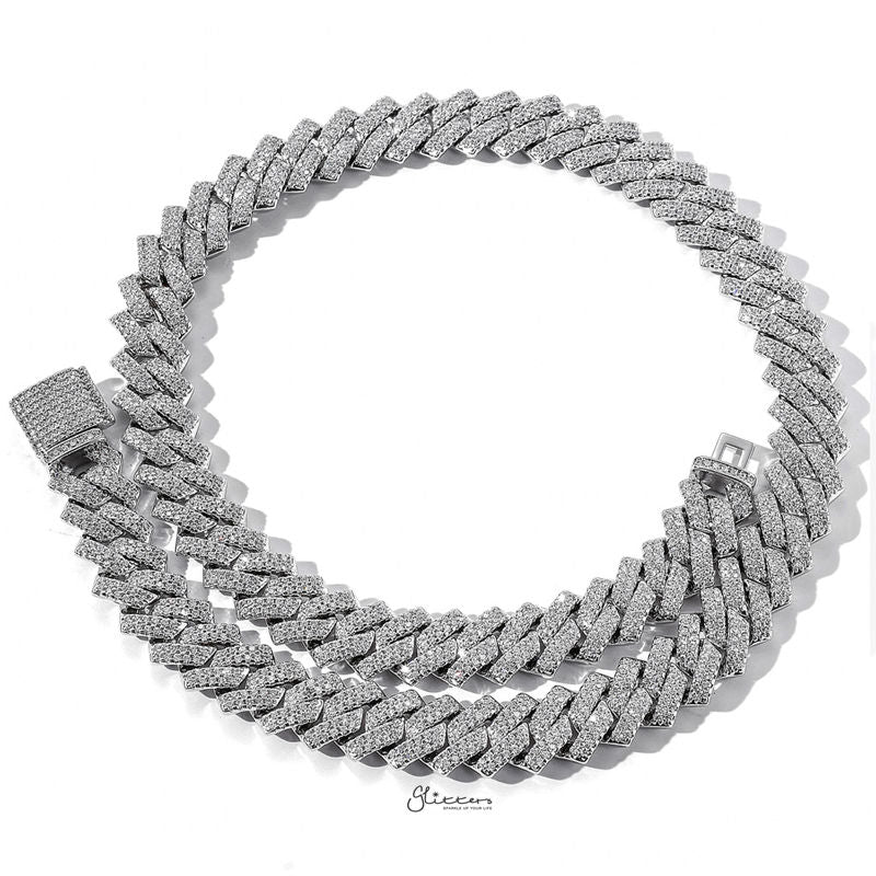 14mm Iced Out CZ Paved Miami Cuban Chain - Silver-Chain Necklaces, Hip Hop, Hip Hop Chains, Iced Out, Jewellery, Men's Chain, Men's Jewellery, Men's Necklace, Necklaces, Women's Jewellery-nk1042s1-800-Glitters