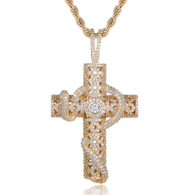 Snake Winding Cross Pendant - Gold-Hip Hop, Hip Hop Pendant, Iced Out, Jewellery, Men's Necklace, Necklaces, Pendants, Women's Jewellery, Women's Necklace-nk1043-g-c_800-Glitters