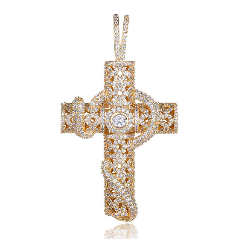 Snake Winding Cross Pendant - Gold-Hip Hop, Hip Hop Pendant, Iced Out, Jewellery, Men's Necklace, Necklaces, Pendants, Women's Jewellery, Women's Necklace-nk1043-g_800-Glitters