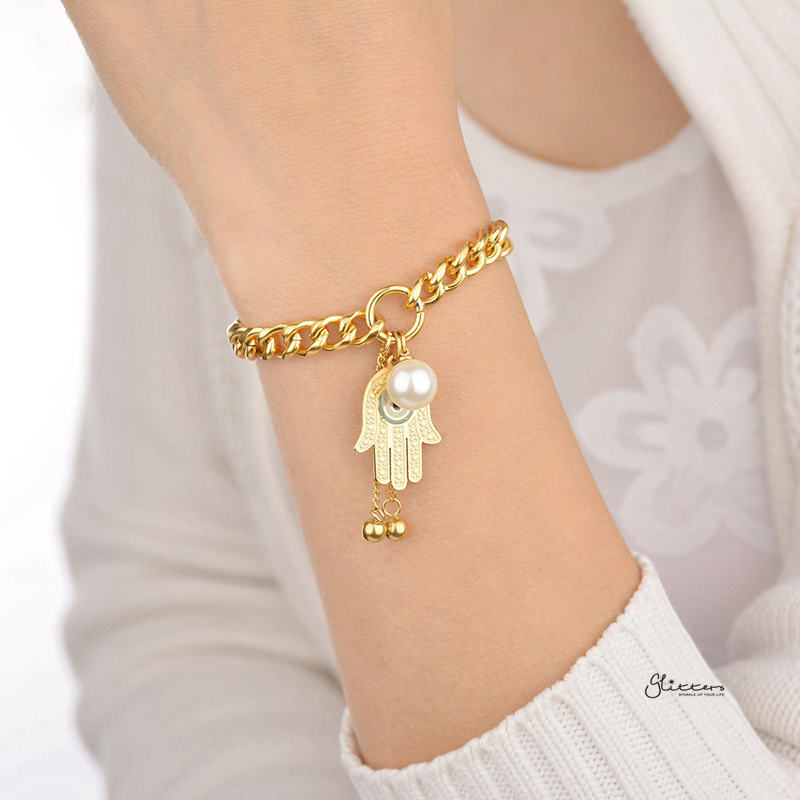 Stainless Steel Women's Bracelet with Dangle Hamsa Charms - Gold-Bracelets, Jewellery, Stainless Steel, Stainless Steel Bracelet, Women's Bracelet, Women's Jewellery-sb0075-3-800-Glitters