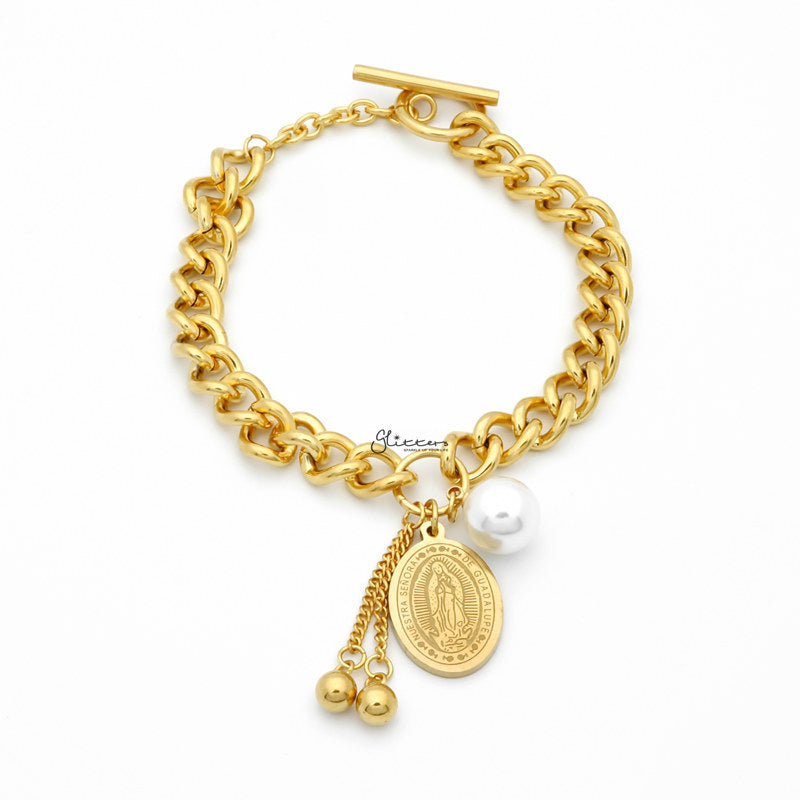 Our Lady of Guadalupe Charm Gold I.P Stainless Steel T-Bar Bracelet-Bracelets, Jewellery, Stainless Steel, Stainless Steel Bracelet, Women's Bracelet, Women's Jewellery-sb0085-1_1-Glitters
