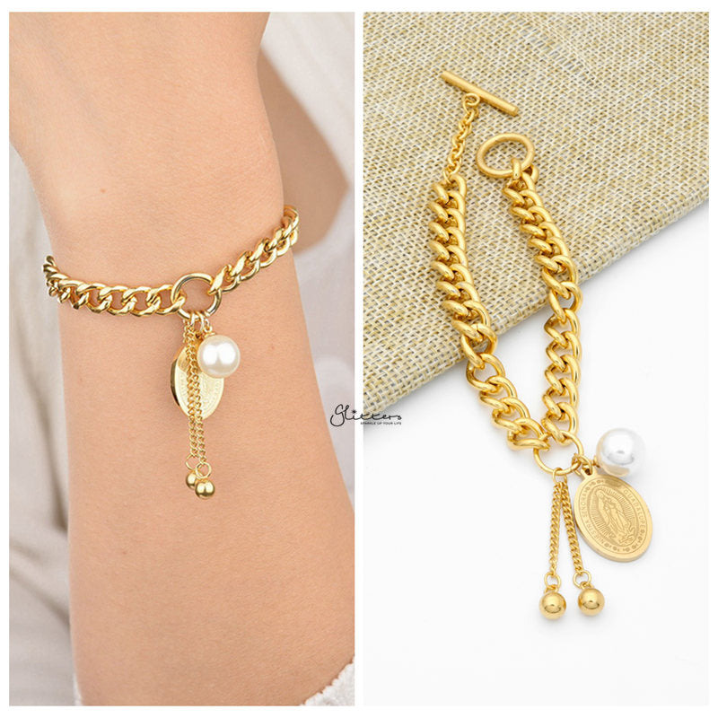 Our Lady of Guadalupe Charm Gold I.P Stainless Steel T-Bar Bracelet-Bracelets, Jewellery, Stainless Steel, Stainless Steel Bracelet, Women's Bracelet, Women's Jewellery-sb0085-2-Glitters