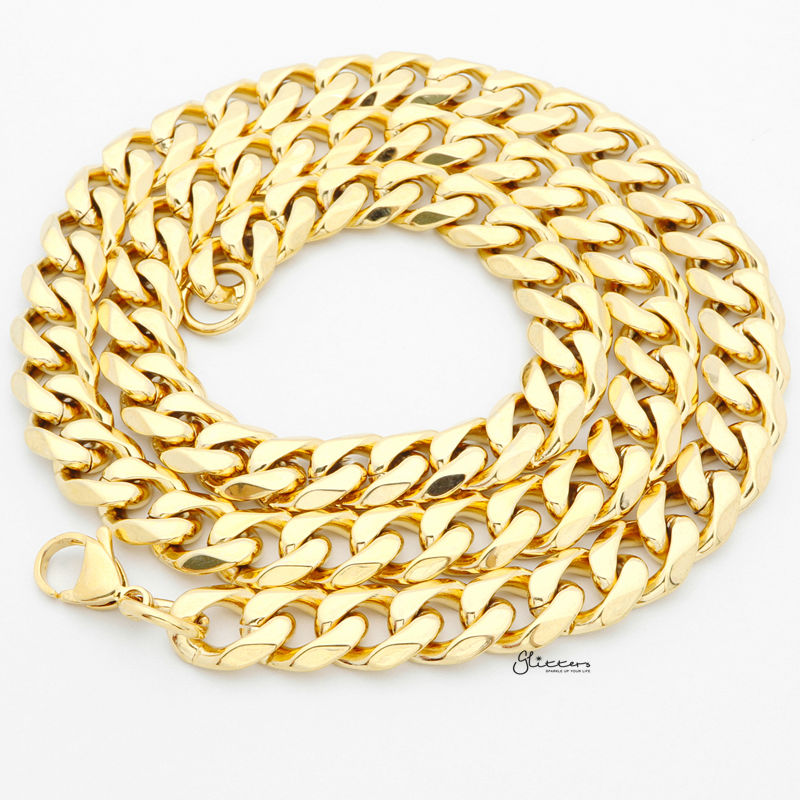 Gold I.P Stainless Steel Beveled Cuban Chain Necklace - 11mm width-Chain Necklaces, Jewellery, Men's Chain, Men's Jewellery, Men's Necklace, Necklaces, Stainless Steel, Stainless Steel Chain-sc0042_2-Glitters