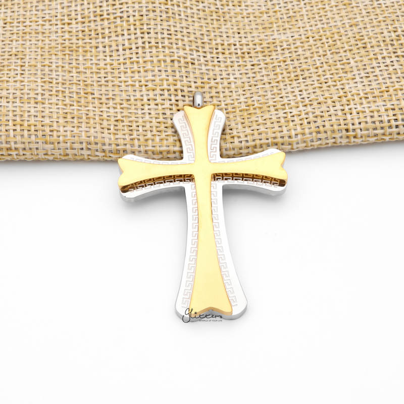 Double Layer Cross Pendant with Greek Key Pattern - Gold-Jewellery, Men's Jewellery, Men's Necklace, Necklaces, Pendants, Stainless Steel, Stainless Steel Pendant-sp0300-g1_800-Glitters
