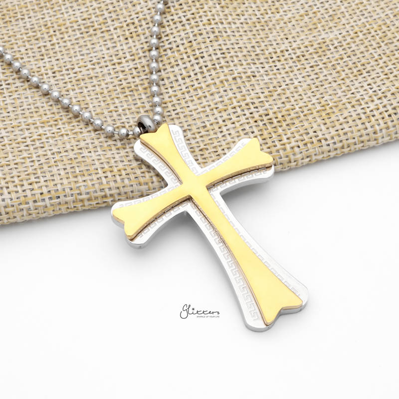 Double Layer Cross Pendant with Greek Key Pattern - Gold-Jewellery, Men's Jewellery, Men's Necklace, Necklaces, Pendants, Stainless Steel, Stainless Steel Pendant-sp0300-g2_800-Glitters