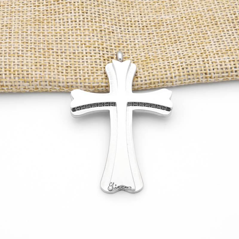 Double Layer Cross Pendant with Greek Key Pattern - Silver-Jewellery, Men's Jewellery, Men's Necklace, Necklaces, Pendants, Stainless Steel, Stainless Steel Pendant-sp0300-s1_800-Glitters