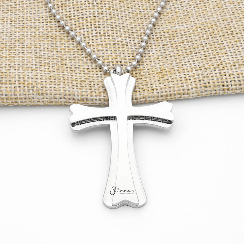 Double Layer Cross Pendant with Greek Key Pattern - Silver-Jewellery, Men's Jewellery, Men's Necklace, Necklaces, Pendants, Stainless Steel, Stainless Steel Pendant-sp0300-s3_800-Glitters