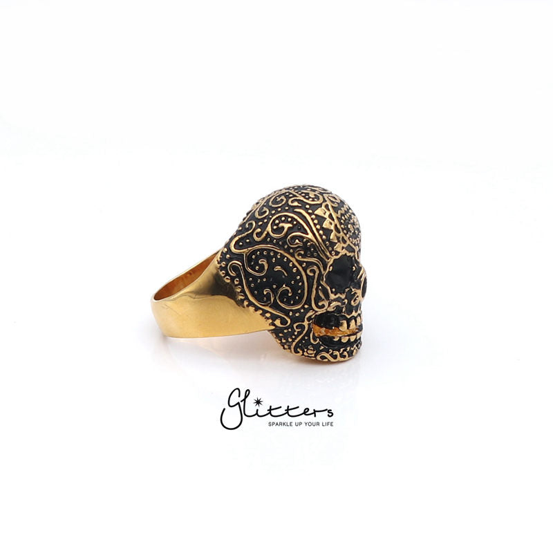 Gold IP Stainless Steel Day of the Dead Skull Cast Ring-Jewellery, Men's Jewellery, Men's Rings, Rings, Stainless Steel, Stainless Steel Rings-sr0204_3-Glitters