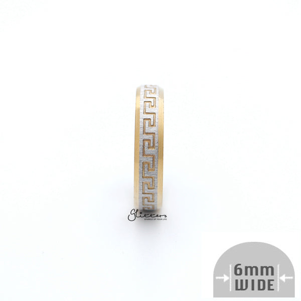 6mm Wide Stainless Steel Two-Tone Greek Key Accented Matt Finish Ring-Jewellery, Men's Jewellery, Men's Rings, Rings, Sale, Stainless Steel, Stainless Steel Rings-sr0263-02-Glitters