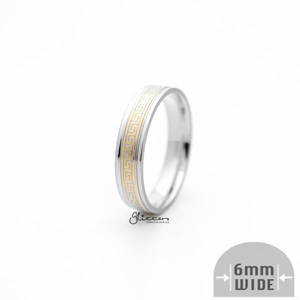 6mm Silver Greek Key on Gold Background Stainless Steel Band Rings-Jewellery, Men's Jewellery, Men's Rings, Rings, Stainless Steel, Stainless Steel Rings-sr0270-01_600-Glitters
