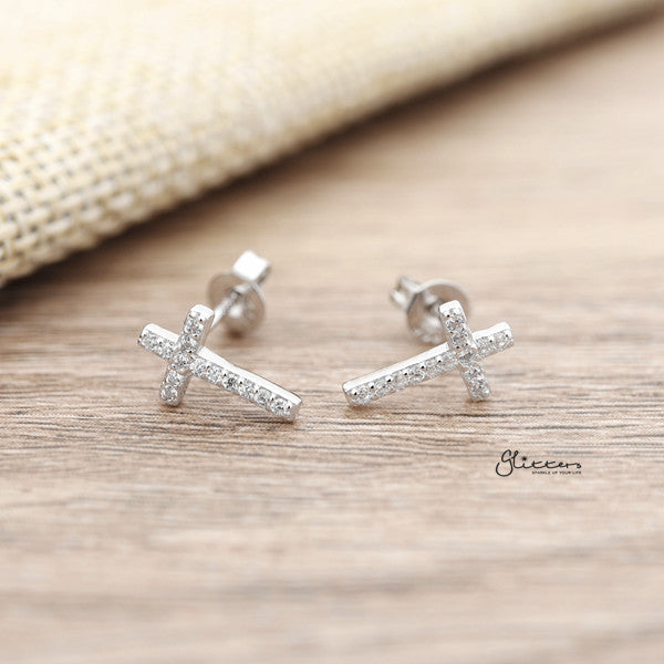 Sterling Silver C.Z Paved Cross Stud Earrings-Cubic Zirconia, earrings, Jewellery, Stud Earrings, Women's Earrings, Women's Jewellery-sse0170-01_600_5246fd79-e48f-4c48-9e2d-4ec3a9d33bc5-Glitters