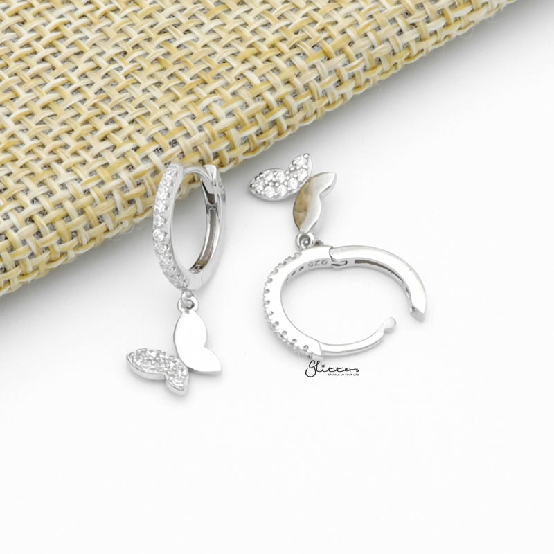 Butterfly Charm Huggie Hoop Earrings - Silver-Cubic Zirconia, earrings, Hoop Earrings, Jewellery, Women's Earrings, Women's Jewellery-sse0430-s3_1-Glitters