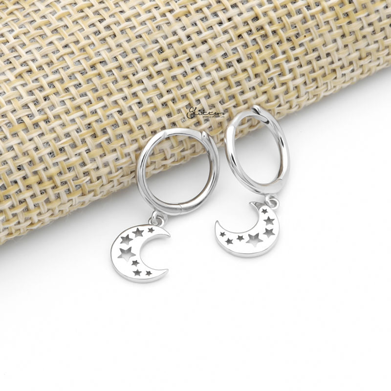 Crescent Moon with Stars Charm Huggie Hoop Earrings - Silver-earrings, Hoop Earrings, Jewellery, Women's Earrings, Women's Jewellery-sse0435-s1_800-Glitters