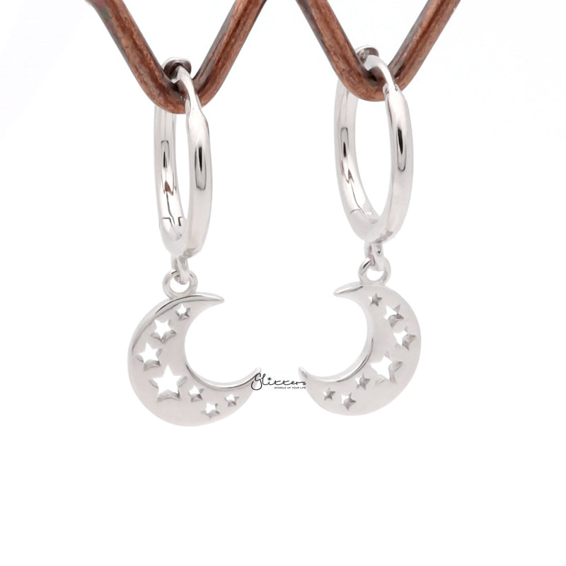 Crescent Moon with Stars Charm Huggie Hoop Earrings - Silver-earrings, Hoop Earrings, Jewellery, Women's Earrings, Women's Jewellery-sse0435-s3_800-Glitters